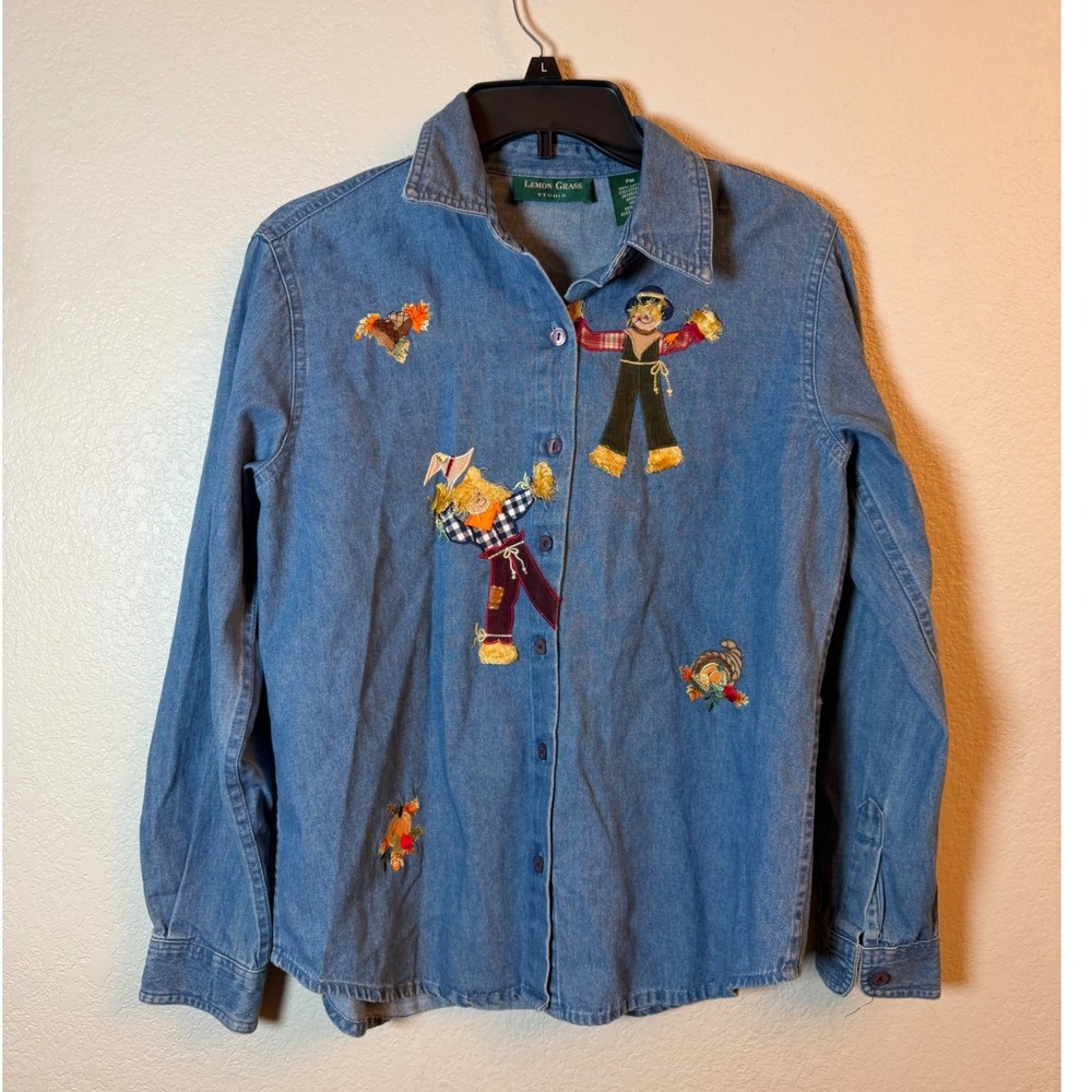Lemon Grass Studio Denim Shirt Womens PM Blue Embroidered Scarecrow Fall Harvest